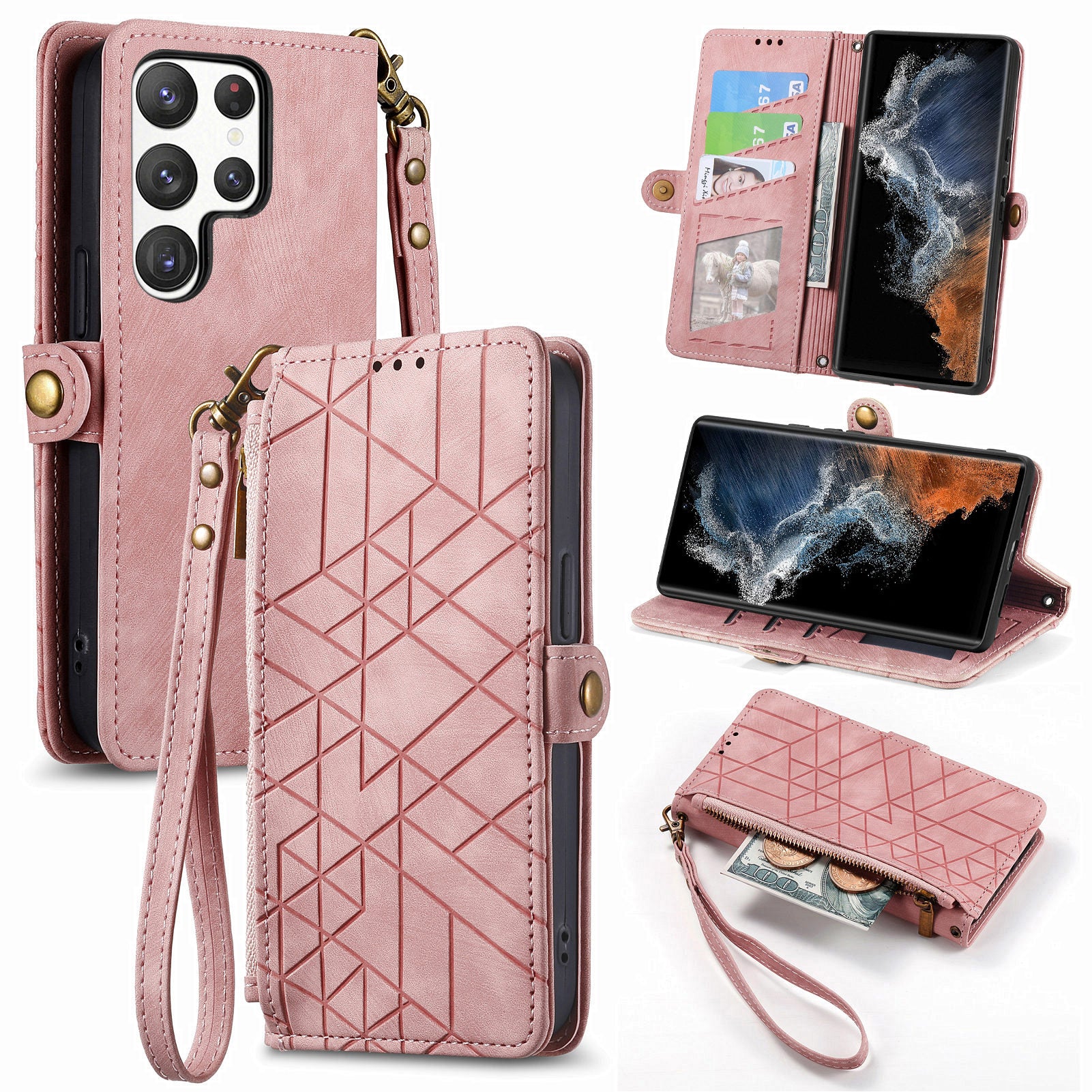 Zipper Pocket Phone Case for Samsung Galaxy S23 Ultra PU Leather Geometry Imprinted Wallet Stand Cover Zipper Pocket Phone Case for Samsung Galaxy S23 Ultra PU Leather Geometry Imprinted Wallet Stand Cover